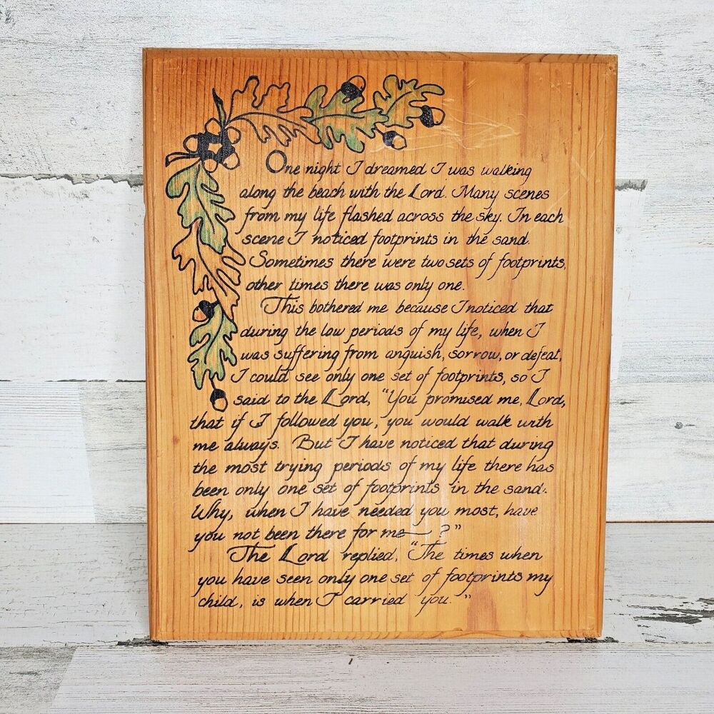 VTG Hand Painted Wooden Plaque Religious Footprints in the Sand Poem Prayer